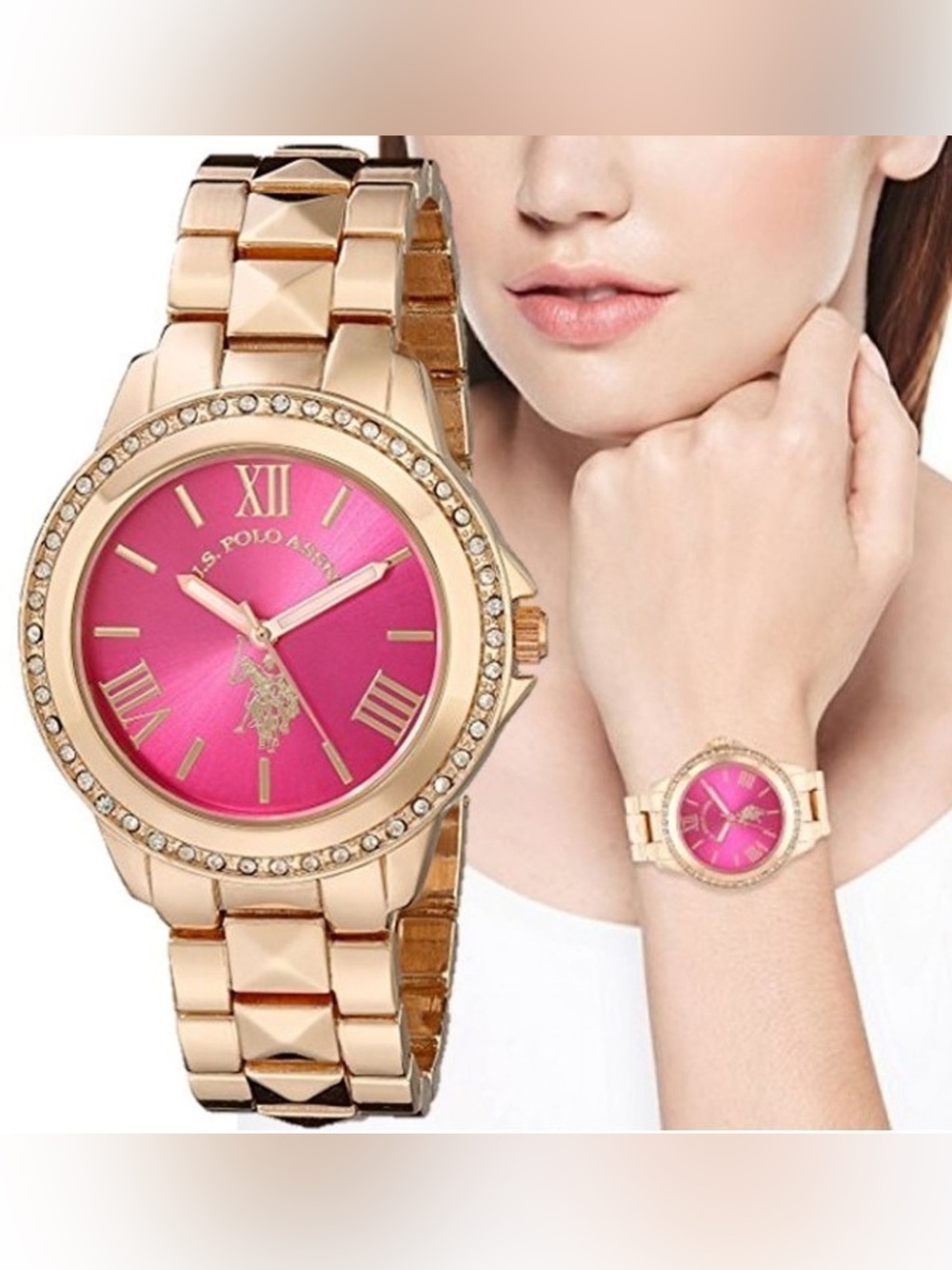 U.S. Polo Assn. Rose Gold Bracelet Watch with Pink Dial